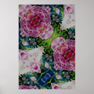 Abstract peony watercolor painting boho retro  poster
