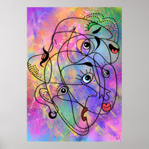 Abstract People Face Moods Poster Cubism Style