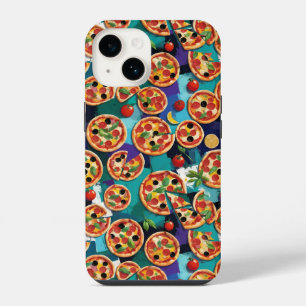 Abstract Pepperoni Pizza On Blue Color Background iPhone 14 Case