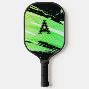 Abstract Personalized Initial Fun Green & Black Pickleball Paddle
