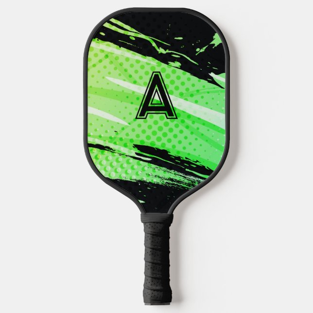 Abstract Personalized Initial Fun Green & Black  Pickleball Paddle (Front)