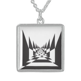 Abstract perspective chess board sterling silver necklace