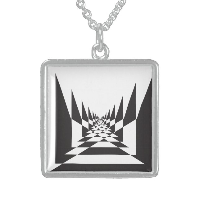 Abstract perspective chess board sterling silver necklace (Front)