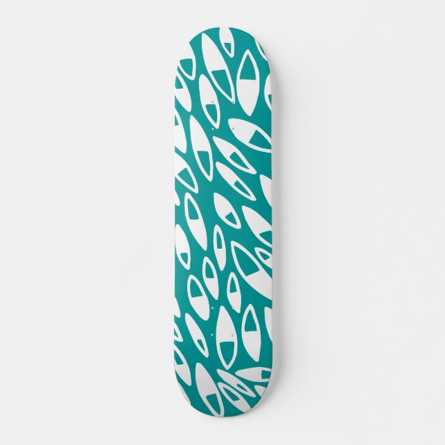 Abstract Petals - White on Aqua Skateboard Deck (Front)