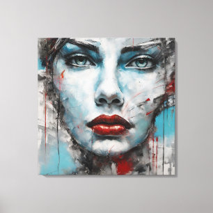 Abstract picture blue, gray, red woman face canvas print