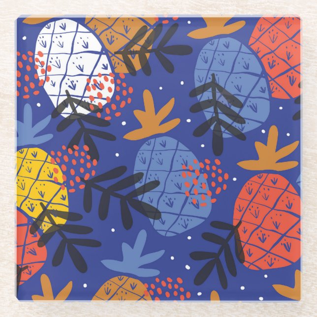 Abstract Pineapples Leaves Vintage Pattern Glass Coaster (Front)