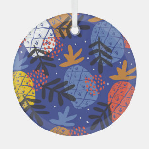 Abstract Pineapples Leaves Vintage Pattern Glass Ornament