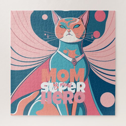 Abstract Pink and Blue Cat Mom is Meow Superhero Jigsaw Puzzle