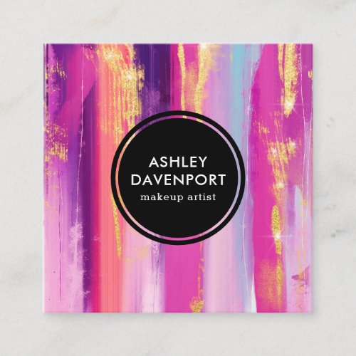 Abstract pink and gold glitter brushstrokes beauty square business card