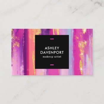 Abstract Pink And Gold Glitter Brushstrokes Makeup Business Card by moodii at Zazzle