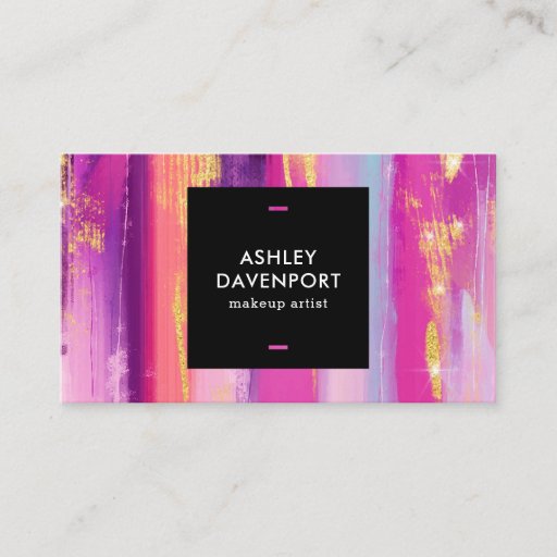 Customizable Abstract pink and gold glitter brushstrokes makeup business card