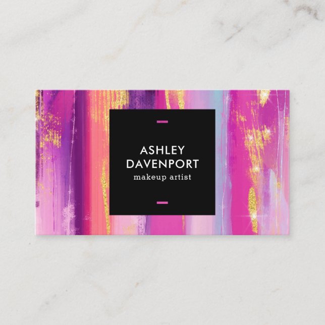 Abstract pink and gold glitter brushstrokes makeup business card (Front)