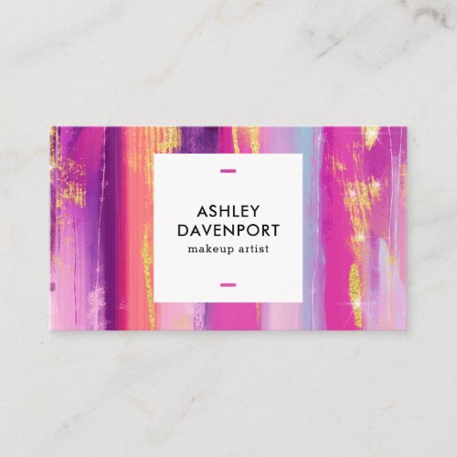 Abstract pink and gold glitter brushstrokes makeup business card