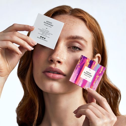 Abstract pink and gold glitter brushstrokes makeup square business card