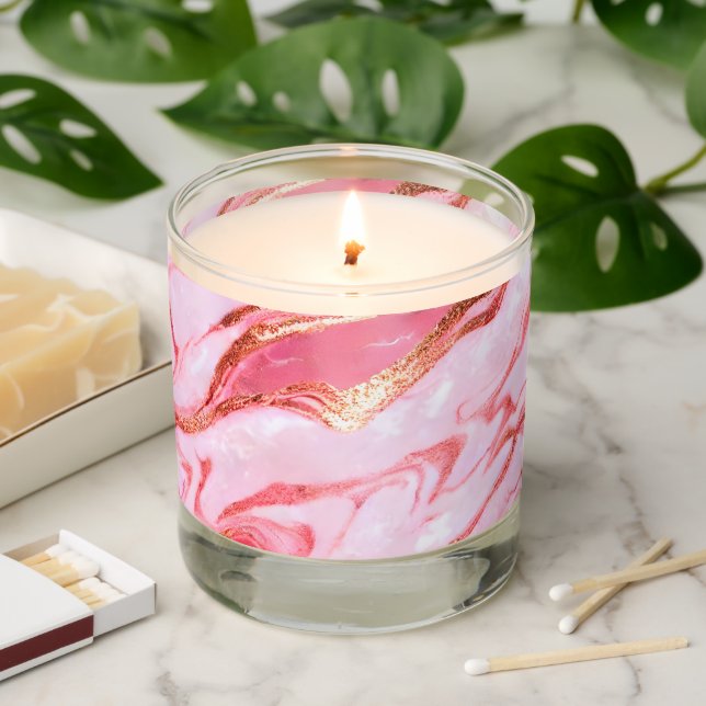 Abstract pink and gold marble scented candle (Lit)
