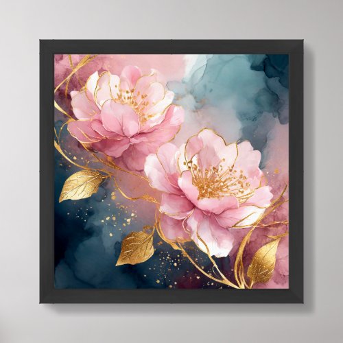 Abstract pink and gold watercolor flowers wall art