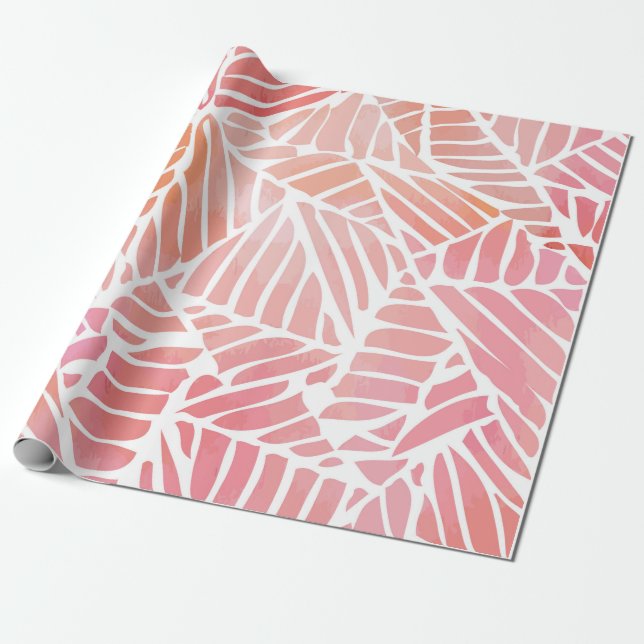 Abstract Pink and Peach Leaves Wrapping Paper (Unrolled)