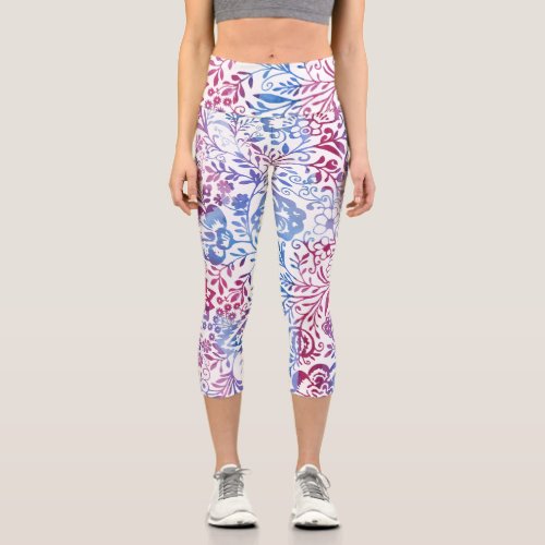 Abstract Pink and Purple Vintage Floral Pattern Capri Leggings