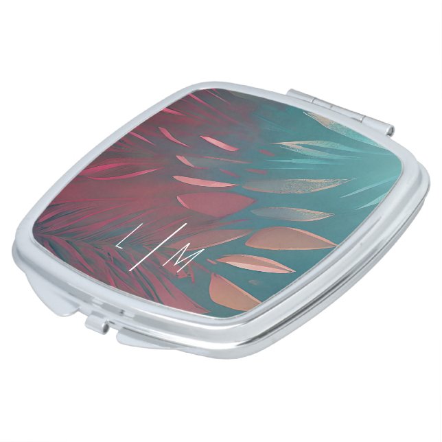 Abstract pink and teal feathers  monogram   compact mirror (Turned)