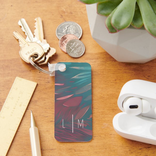 Abstract pink and teal feathers  monogram  keychain (Desk)