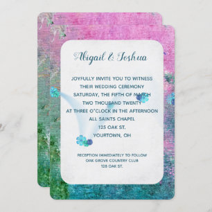 abstract pink and turquoise paint texture wedding invitation