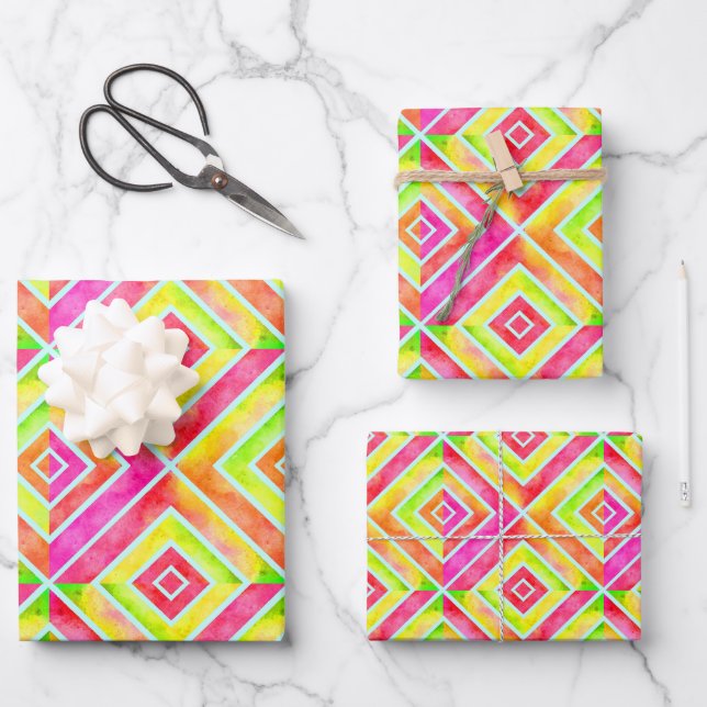 Abstract pink and yellow geometric square tiles wrapping paper sheets (Front)
