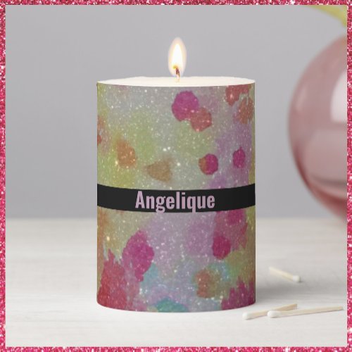 Abstract Pink Black and Yellow Glitter Design Pillar Candle