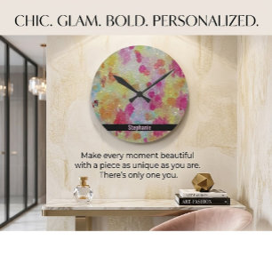 Abstract Pink Black and Yellow  Round Clock