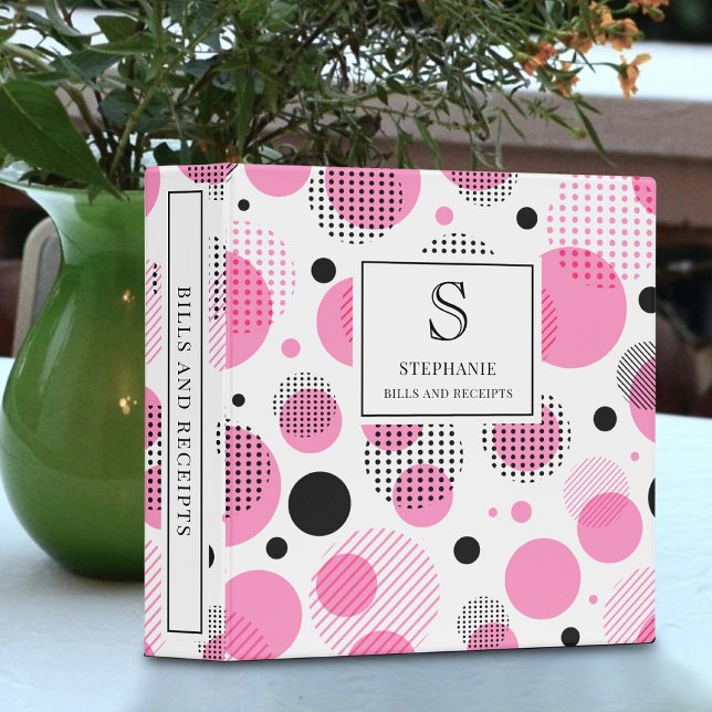 Abstract Pink & Black Circle Dots Pattern Monogram 3 Ring Binder (Creator Uploaded)