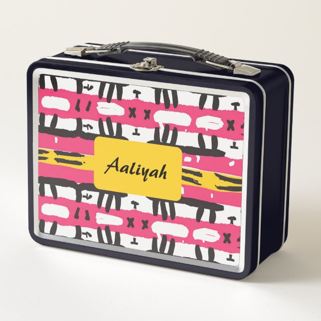 Abstract Pink Black Pattern Custom Metal Lunch Box (Front)