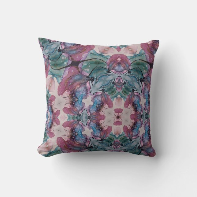 Abstract pink blue and green Floral Throw Pillow (Front)