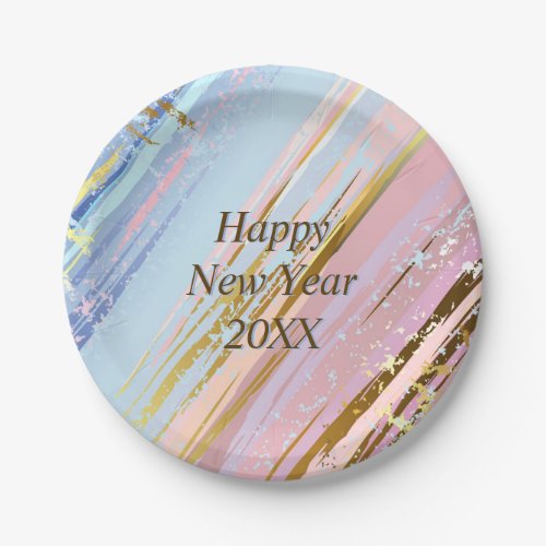 Abstract Pink Blue Gold Happy New Year 20xx 7 Paper Plates