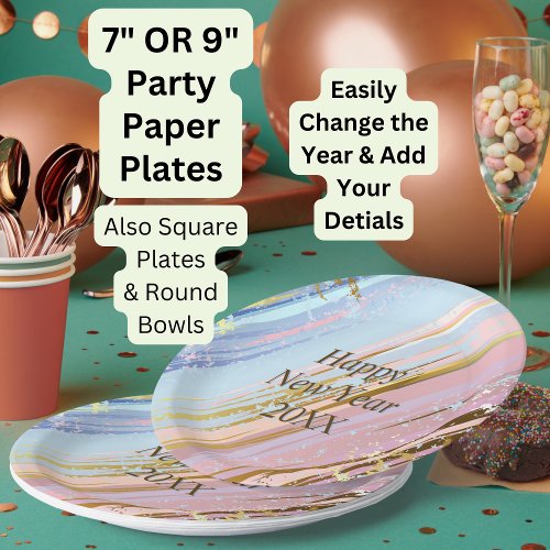Abstract Pink Blue Gold Happy New Year 20xx 9  Paper Plates