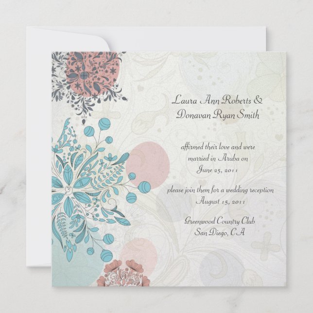 Abstract Pink Blue Gray Floral Post Wedding Invitation (Front)