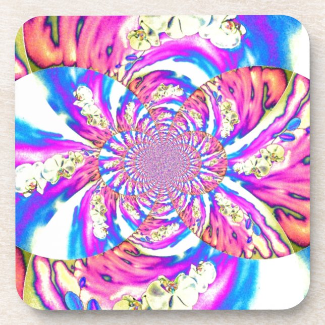 Abstract pink blue retro floral mandala beverage coaster (Front)