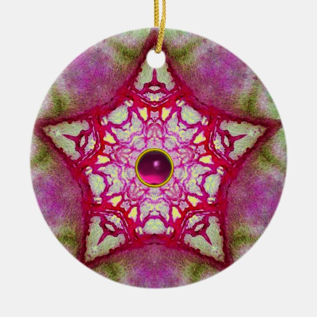 ABSTRACT PINK BLUE STAR WITH FUCHSIA GEM STONE CERAMIC ORNAMENT (Front)