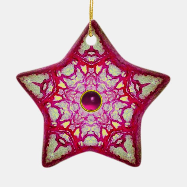 ABSTRACT PINK BLUE STAR WITH FUCHSIA GEM STONE CERAMIC ORNAMENT (Front)