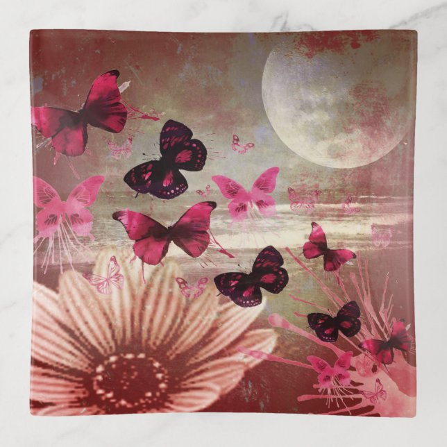 Abstract Pink Butterflies Trinket Tray (Front)