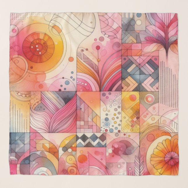 Abstract Pink Colorful Geometric Design Scarf (Front)