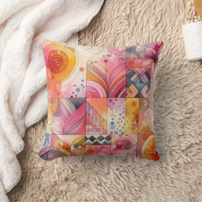 Abstract Pink Colorful Geometric Design Throw Pillow (Blanket)
