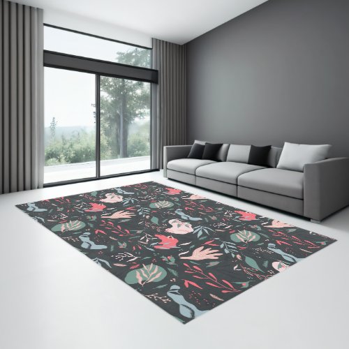 Abstract pink dark shapes tropical leaf pattern rug