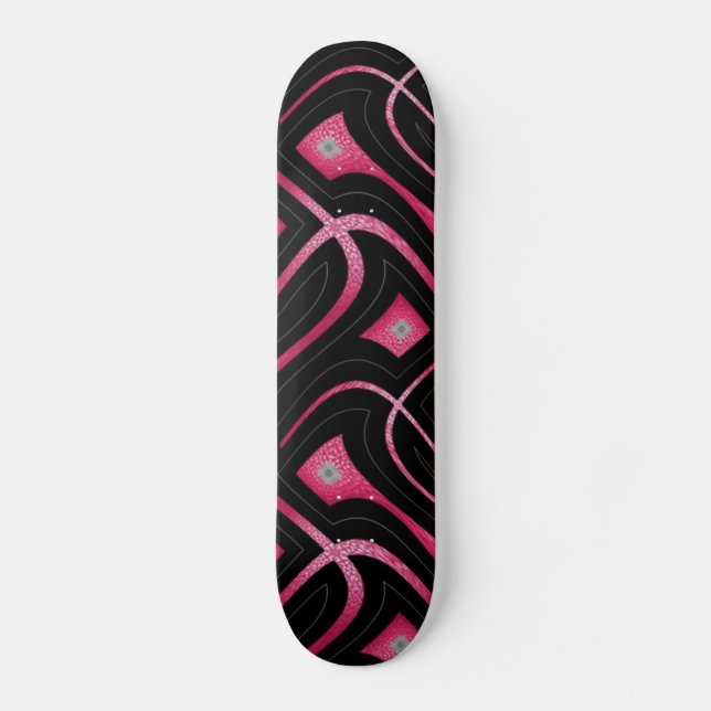 Abstract Pink Faux Leather and Black Design Skateboard Deck (Front)