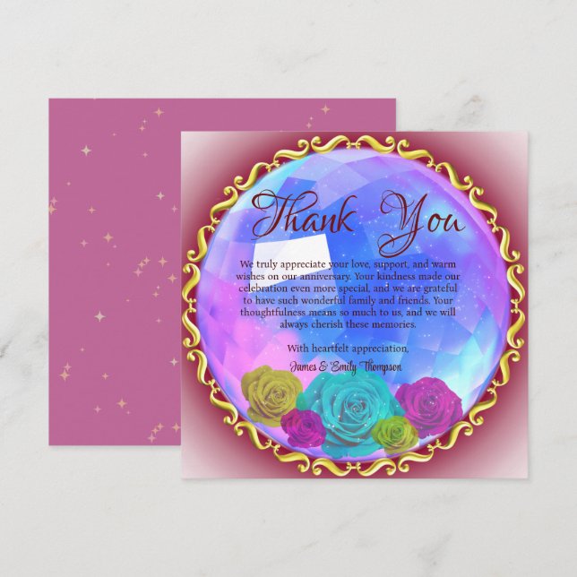 Abstract Pink Floral Crystal Wedding Anniversary  Thank You Card (Front/Back)