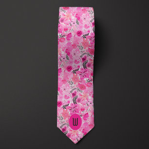 Abstract Pink Floral Monogram Neck Tie