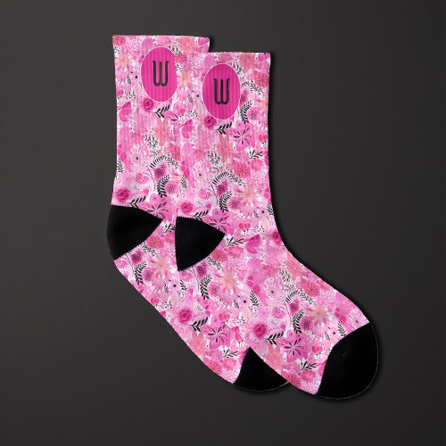 Abstract Pink Floral Monogram Socks