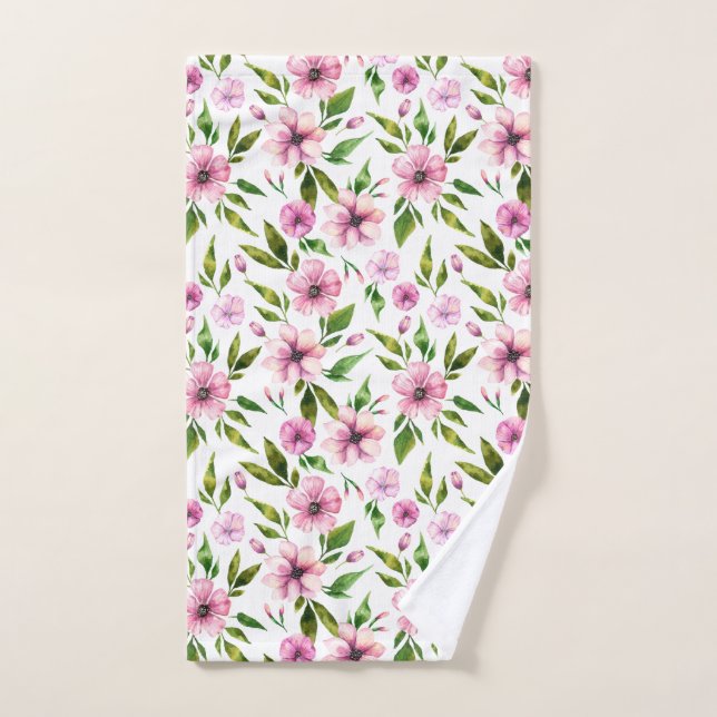 Abstract Pink Flowers Green Leaves Bath Towel Set (Hand Towel)