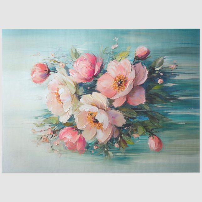 Abstract Pink Flowers Teal Background Decoupage Tissue Paper (Front)