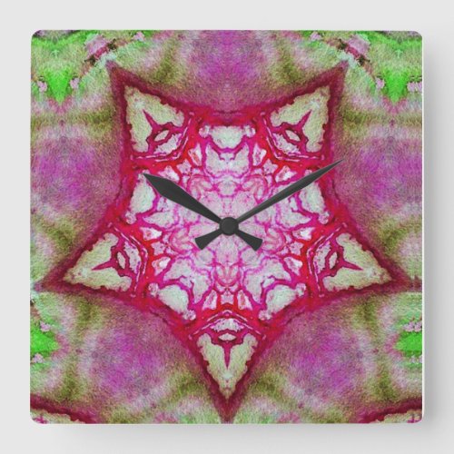 ABSTRACT PINK FUCHSIA STAR SQUARE WALL CLOCK