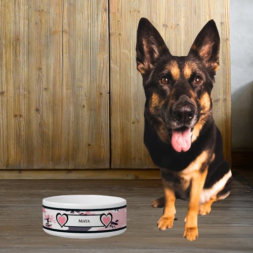 Abstract Pink Girly Personalized Dog Bowl wHearts