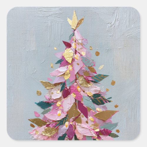 Abstract Pink & Gold Impasto Christmas Tree Square Sticker